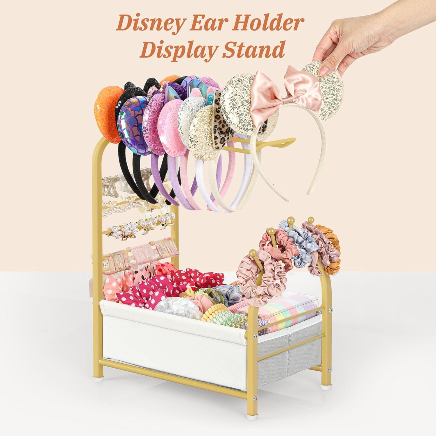 Headband Holder Stand - Versatile Organizer for Scrunchies, Bows & Claw Clips - Compact Hair Accessories Storage for Girls, Women, Babies,Golden