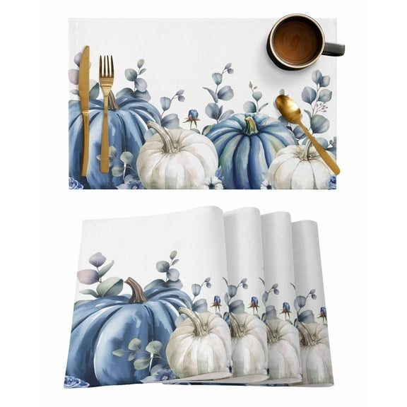 Blue White Placemats Set of 4 Fall Pumpkins Thanksgiving Eucalyptus Leaves Harvest Heat Insulation Washable Place Mats, Rustic Non-Slip Table Mats for Dining Table Party Kitchen Decor,13x19 Inch