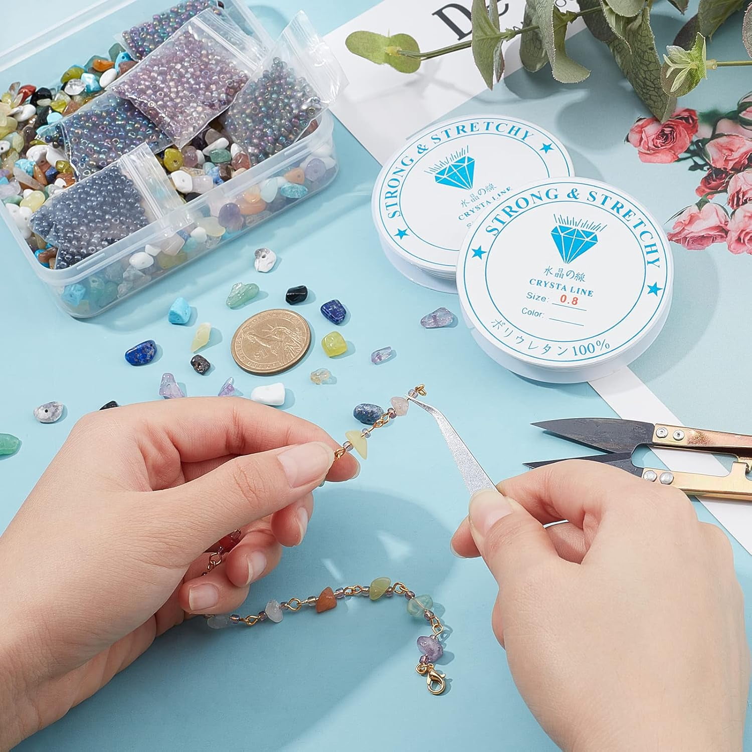 DIY Stretch Bracelets Making Kits Including 240g Gemstone Beads 1Pc 304 Stainless Steel Tweezers 2 Rolls Elastic Crystal Thread and 1Pc Steel Scissors Mixed Color 5~8x5~8mm Hole: 1mm
