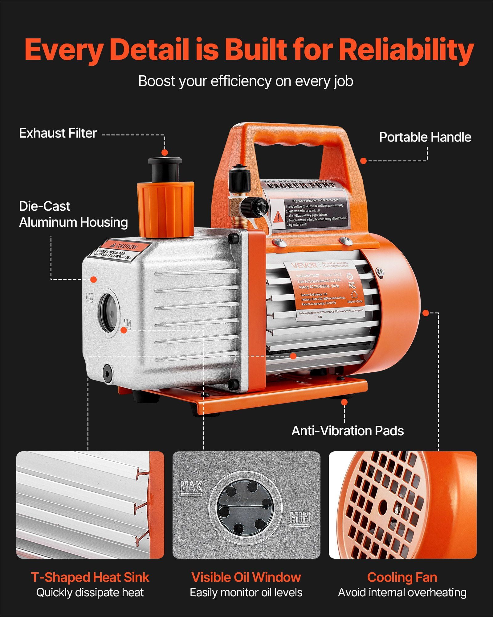 3.5 CFM 1/4 HP Single Stage Rotary Vane AC Vacuum Pump for HVAC R134a R22 R410a Systems Automotive AC Maintenance Resin Degassing with Oil Bottle 1720 RPM