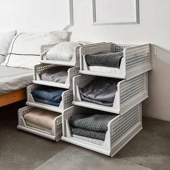 6pcs Stackable Clothes Storage Rack, Sliding Thickened Large Capacity Multi-purpose Organizer Storage Box for Wardrobe Kitchen Bathroom, Mounted Closet Systems