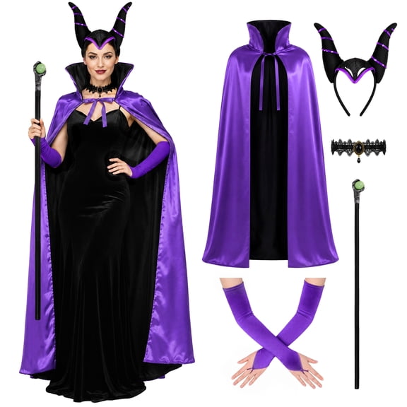 IROOZIGOTO Womens Cosplay Costume Set Witch Style Full Length High Collar with Horn Headpiece Choker Scepter Gloves Halloween Outfit