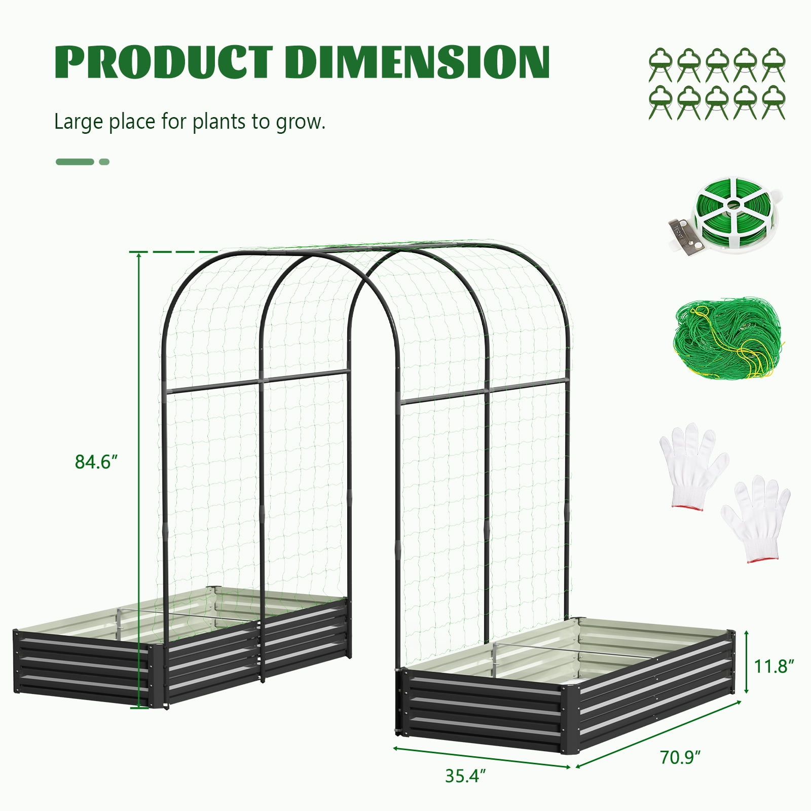 ABORON 3 in 1 Galvanized Raised Garden Bed with 85in Tall Arch Trellis for Climbing Vine Herbs Vegetables Flowers, Metal Raised Garden Bed Kit with Trellis, Plant Ties, Climbing Supporting Netting