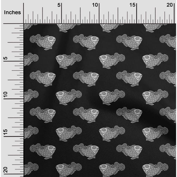 oneOone Organic Cotton Poplin Twill Fabric Fish Block Printed Craft Fabric BTY 42 Inch Wide