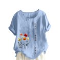 thumbnail image 3 of QATAINLAV T Shirts for Women Flower Print Graphic Linen Tops Casual Loose Fit Crewneck Tunic Shirt Summer Short Sleeve Plus Size Tees with Button Navy L Vacation Sale, 3 of 5