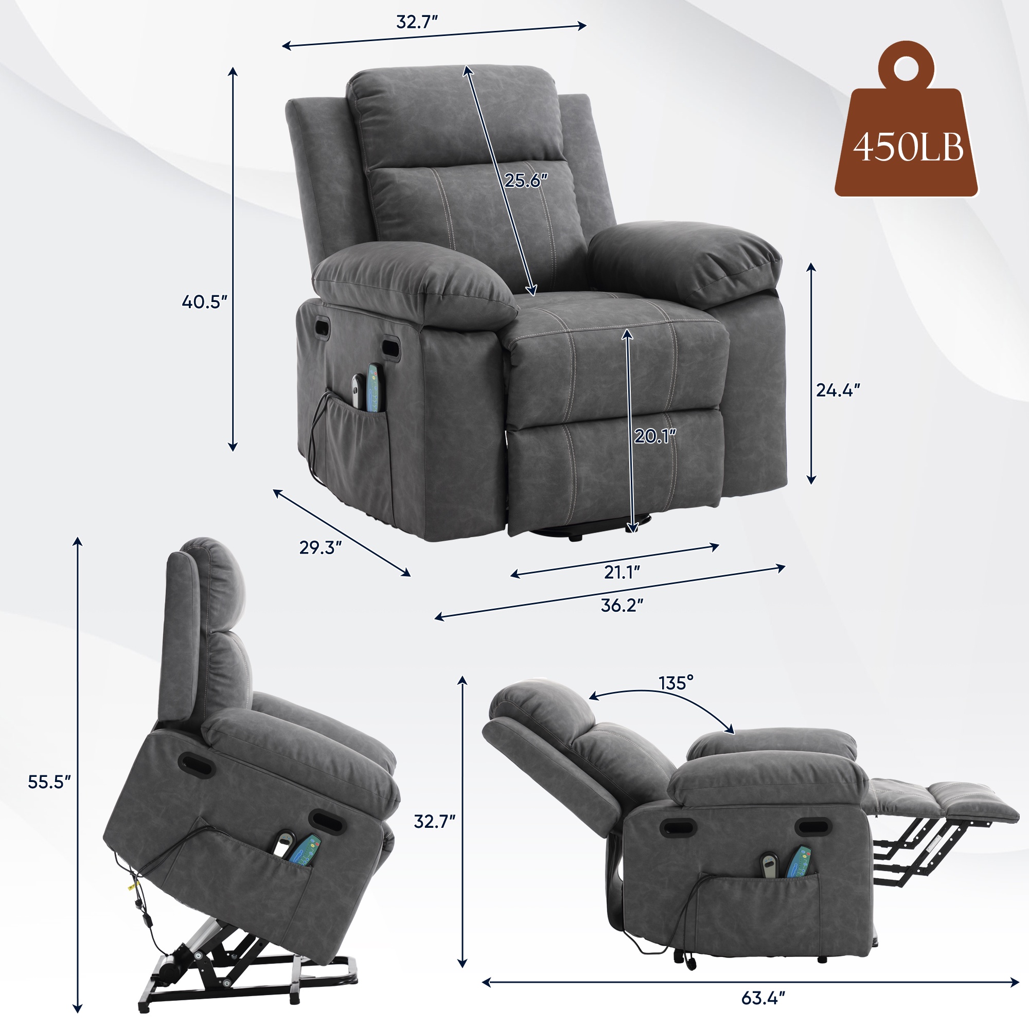 PAPROOS Recliner Chair, Electric Power Lift Recliner with Heat Therapy and Massage Function, Large Size Lift Chair with Remote and Side Pocket, Oversized Power Reclining Sofa, Gray Blue