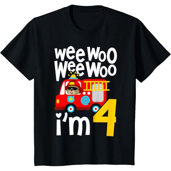 Sam Soft Boys Birthday Wee Woo Wee Woo I'm 4 Red Fire Truck T-Shirt Full Size S-5XL
