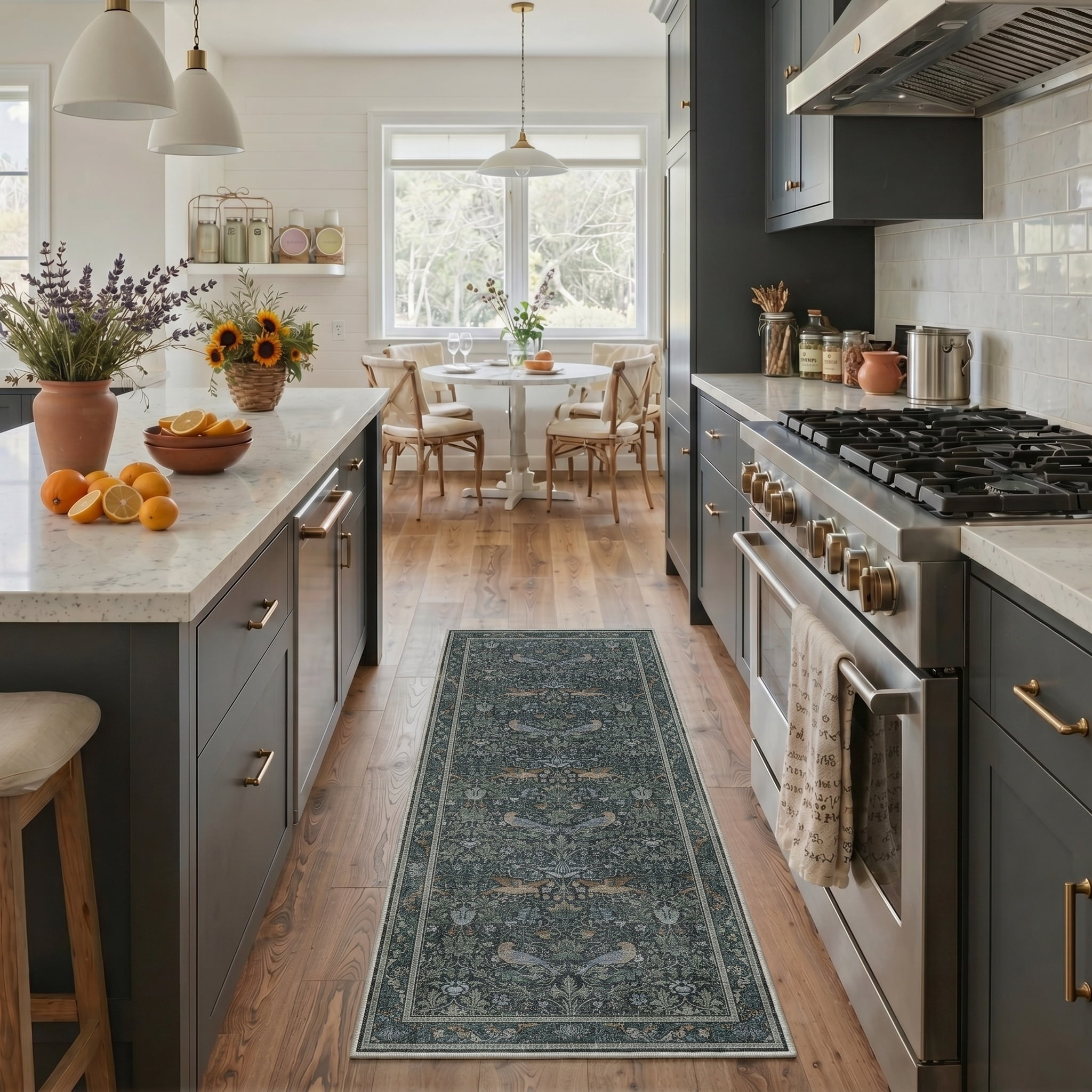 KUETH 8'x10' Vintage Floral Area Rugs for Living Room, Non Slip Machine Washable Forest Bird Rug, Low Pile Print Rug for Bedroom Dining Room Home Office