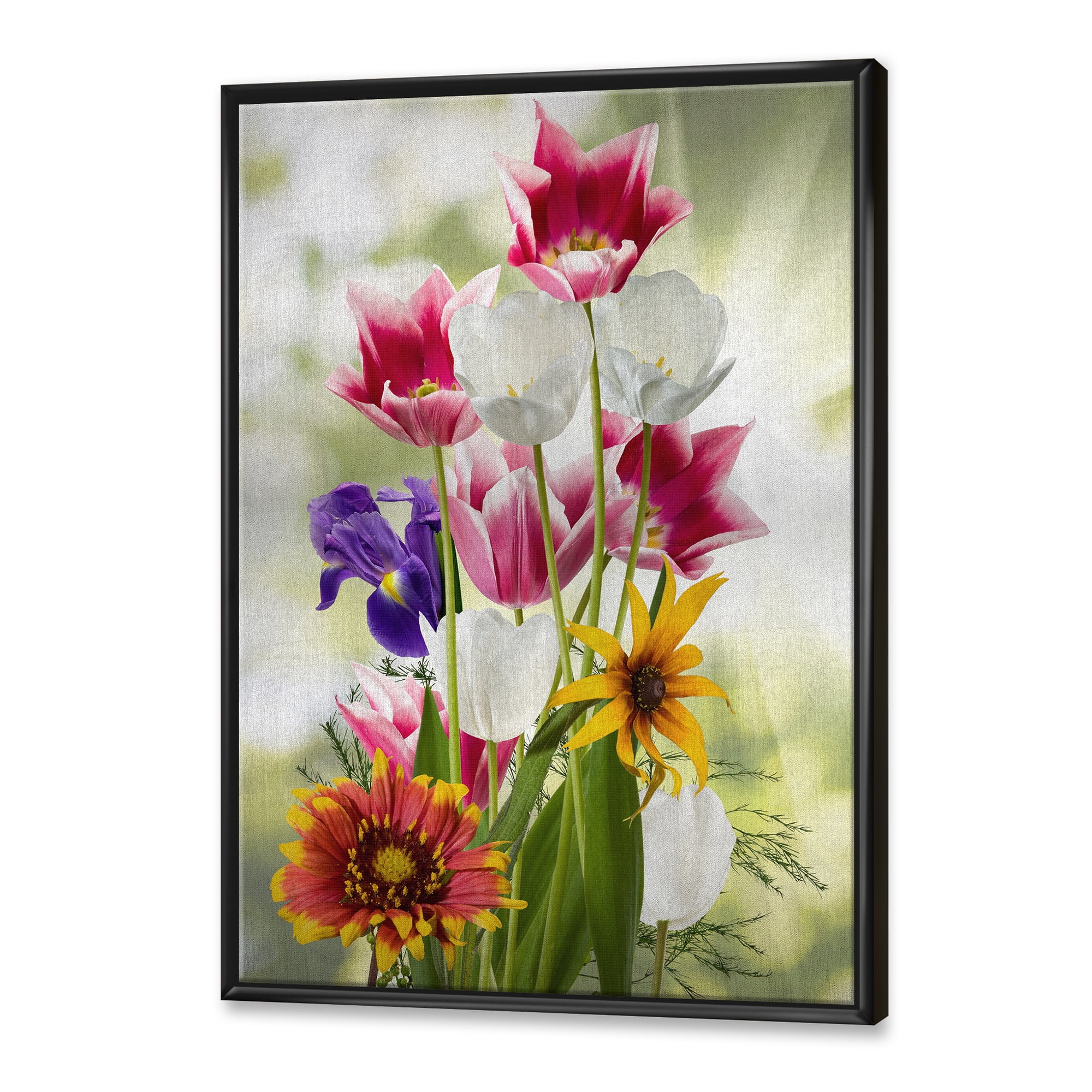 Vibrant Purple Red and Yellow Wildflowers 30 in x 40 in Framed Painting Canvas Art Print, by Designart