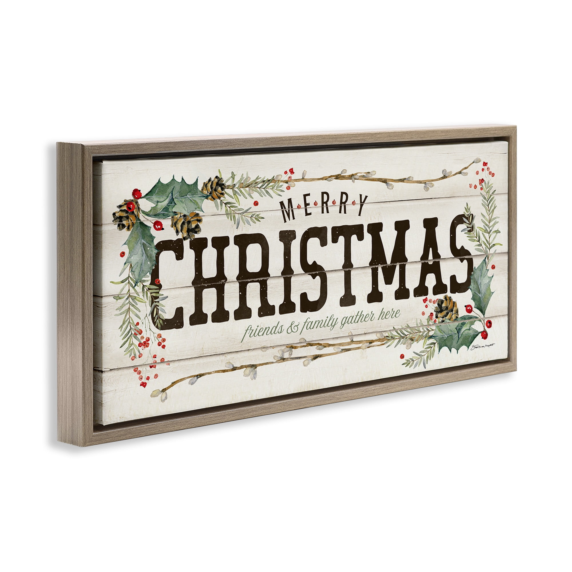 Stupell Industries Merry Christmas Friends & Family Holiday Painting Brown Floater Framed Canvas Art Print Wall Art, 25 x 11