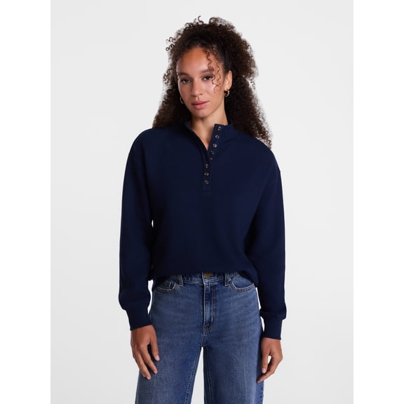 Scenario Women's and Women's Plus Waffle Knit Button Top with Long Sleeves, Sizes XS-4X
