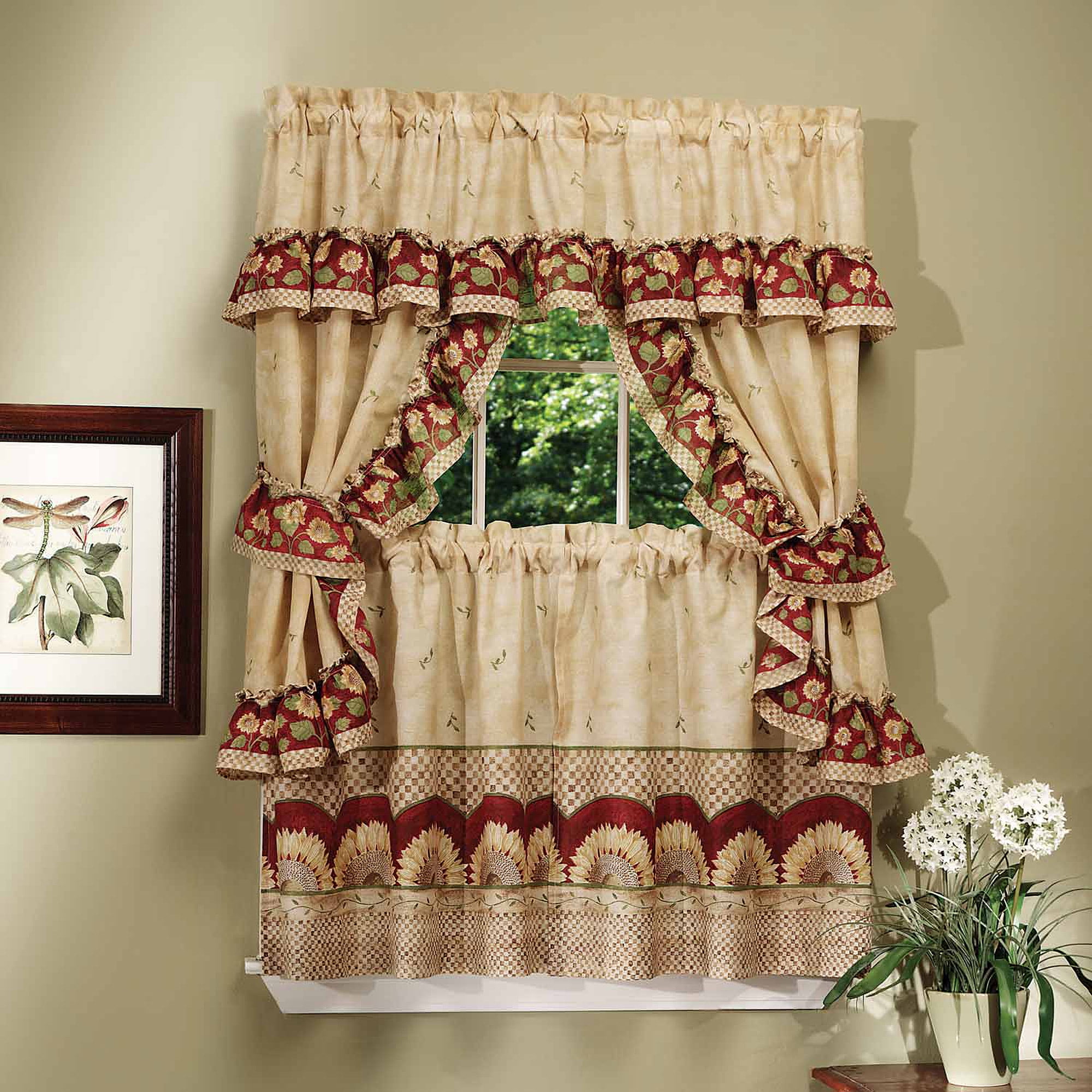 Top Swag Tiebacks Complete Window Kitchen Cottage Curtain Set with Tier Panels 