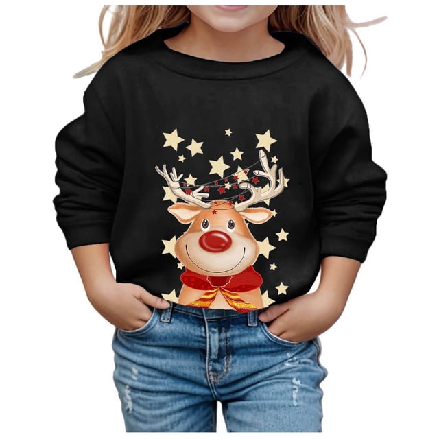 PMVFHDE Liquidation Chandails Mignons pour Filles Chandail de Noël d'Automne et d'Hiver pour Filles à Imprimé Col Rond Manches Longues Décontracté Sans Capuche Chandails Graphiques pour Filles,Noir,7-8 Ans