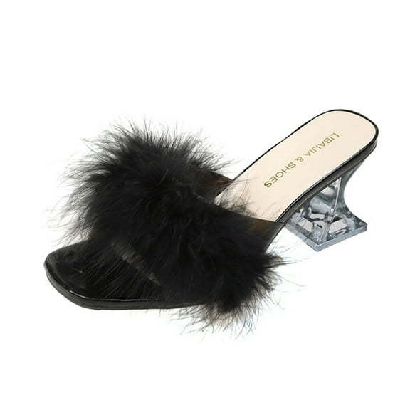 Daolelai Women's Fashion Furry Slippers Square Toe Transparent Wineglass Heel High Heel Sandals