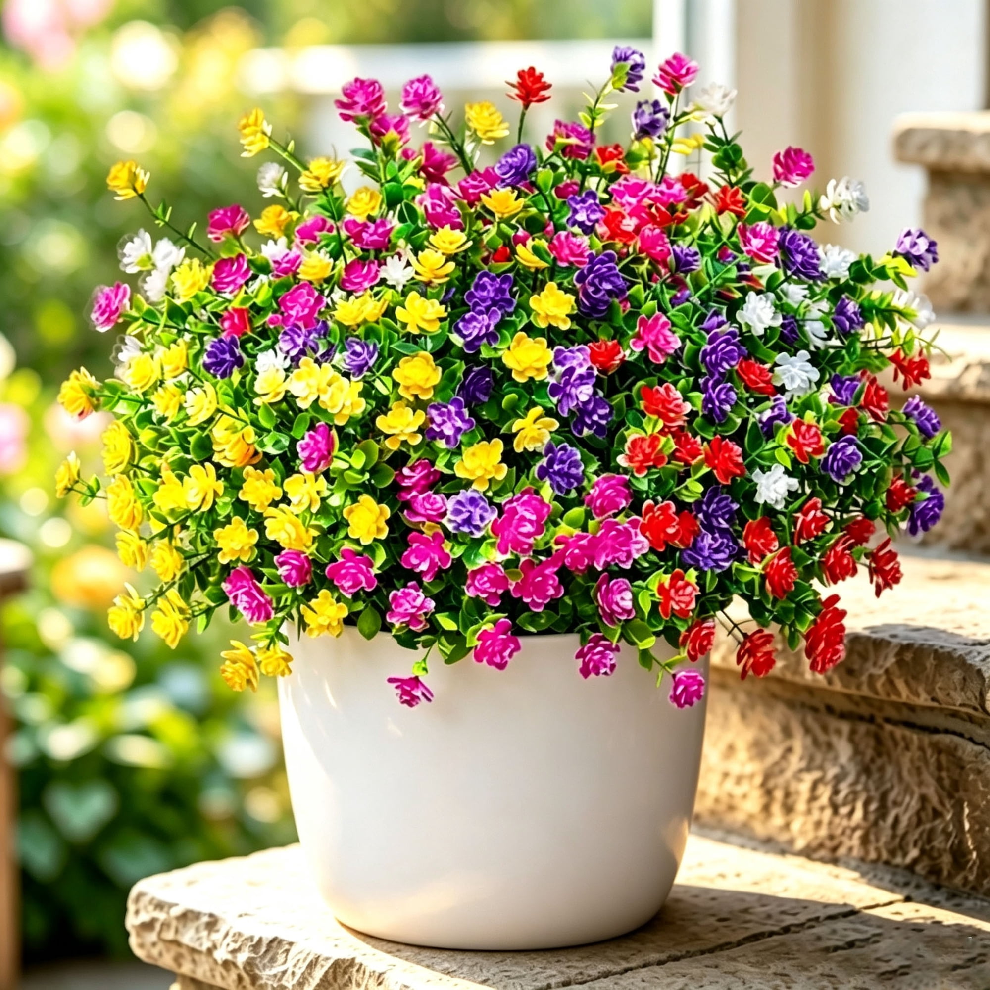 12 Bundles Artificial Faux Flowers with Greenery, UV Resistant Plastic Shrubs Bushes, 6 Assorted Colors, Realistic Fake Flowers for Porch Patio Garden Home Window Box Wedding Decor