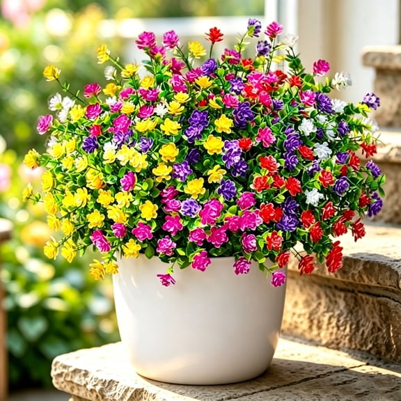 12 Bundles Artificial Faux Flowers with Greenery, UV Resistant Plastic Shrubs Bushes, 6 Assorted Colors, Realistic Fake Flowers for Porch Patio Garden Home Window Box Wedding Decor