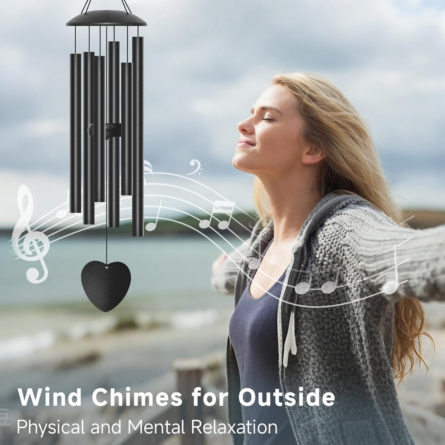 28" Wind Chimes for Outside, Metal Outdoor Wind Chimes with Soothing Melodic Tones, Wind Chime Unique Gift for Mom, Grandma, Perfect Outdoor Garden Decor(Heart-Shape)