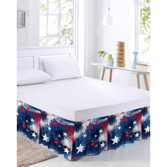 Flag Day Bed Skirt Queen Size 16 Inch Drop, U.S. Flag Themed Red White Five-Pointed Star Graffiti Adjustable Elastic Dust Ruffles Bedskirt for Queen Bed Wrap Around Pleated Mattress Frame Cover