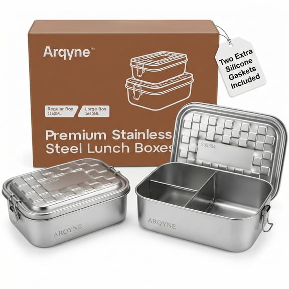 Arqyne Stainless Steel Bento Box Set of 2 - 1640ml & 1160ml Metal Lunch Box for Adults - 304 Stainless Steel Leakproof Food Containers - 3 Compartment Tri-Grid - 2 Bonus Replacement Gaskets Included