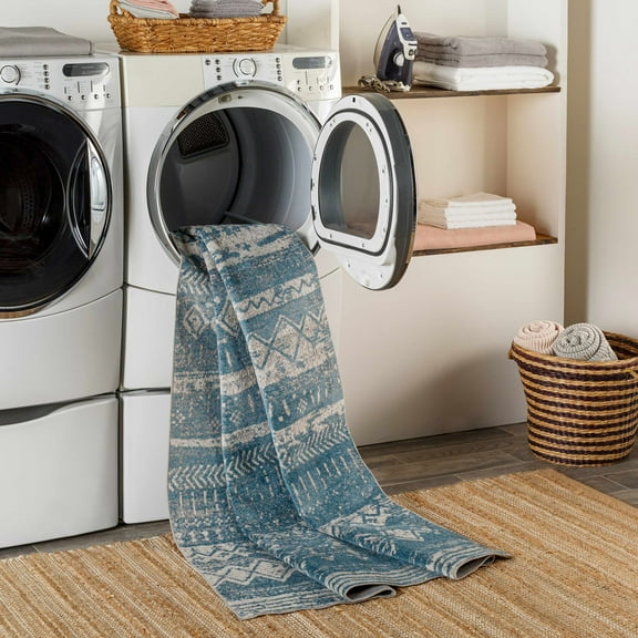 Hauteloom Fatsa Hallway, Kitchen Machine Washable Runner Rug - Bohemian, Transitional - Blue, Gray, Light Gray - 2'7" x 7'3"