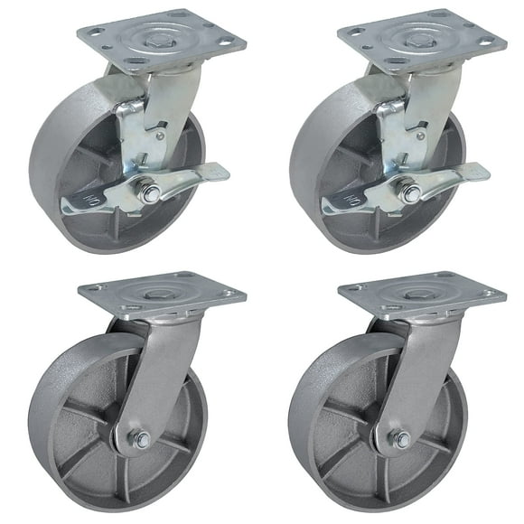 SY America Roulettes à Plaque 6 Pouces Lot de 4, Roue en Fonte d'Acier Robuste avec Plateau Supérieur Roulettes Largeur Supplémentaire 2 Pouces 4800 lbs Capacité Totale (6 Pouces Lot de 4, Argent 4 Pivotant 2 avec Frein)