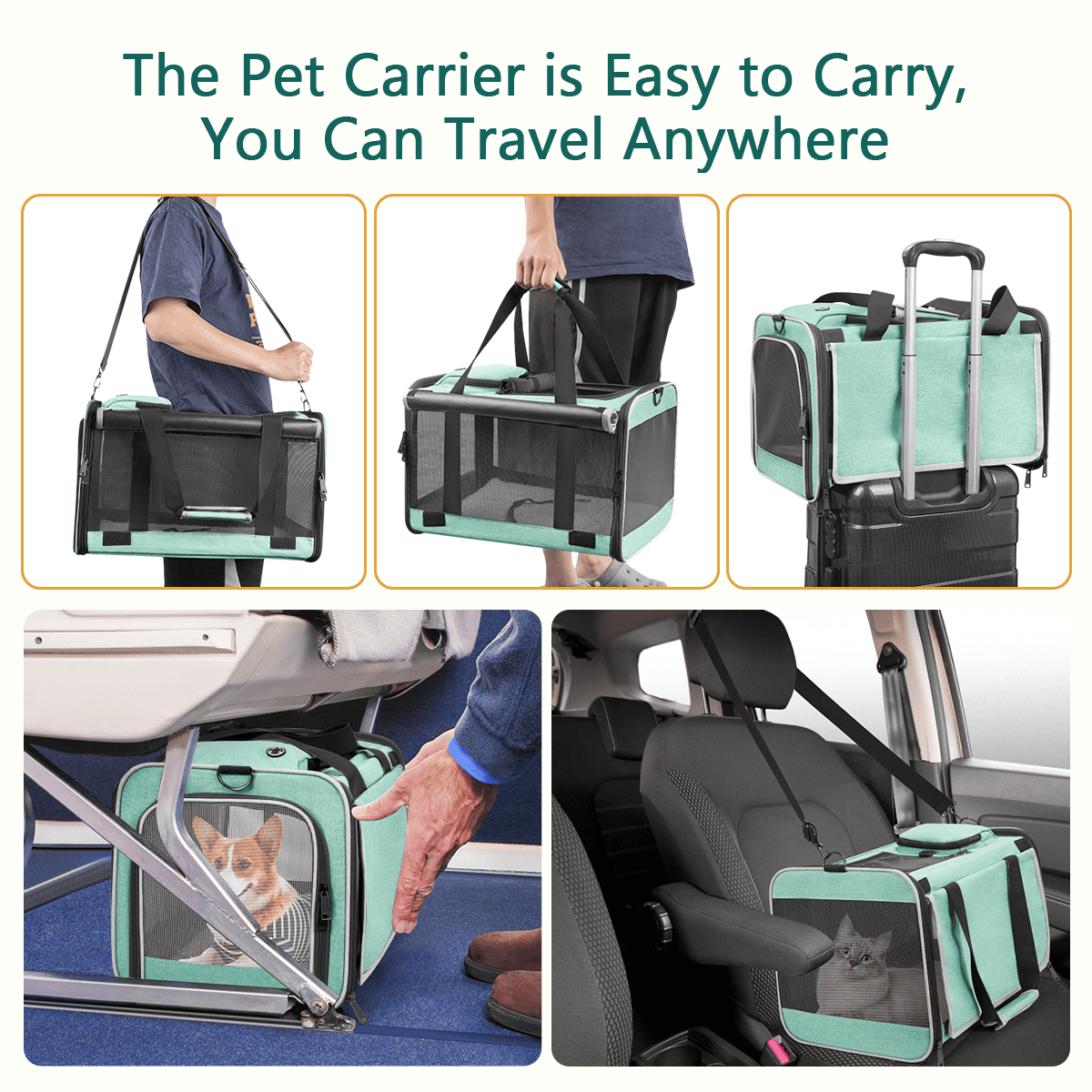 CshidWorld Cat Carriers for Large Cats up to 25LB, Large Cat Carrier with a Bowl, Soft Sided Carrier with 2 Side Roller Blinds for Pet Cat Kitten Small Dog Puppies Airline Approved, Green