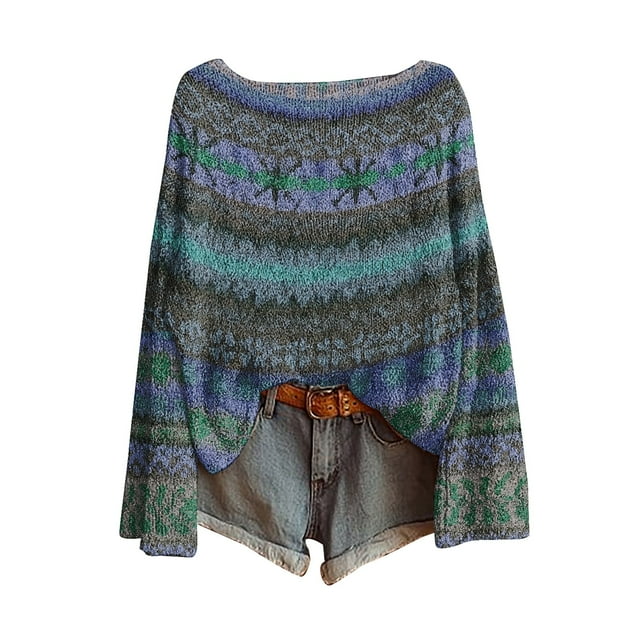 WTXUE Chandail Rétro Fair Isle pour Femmes Imprimé Art Vintage Col Rond Léger Boho Tops Graphique Ethnique Tribal Court Tricoté Manches Longues Épaules Tombantes Chandail Bleu m