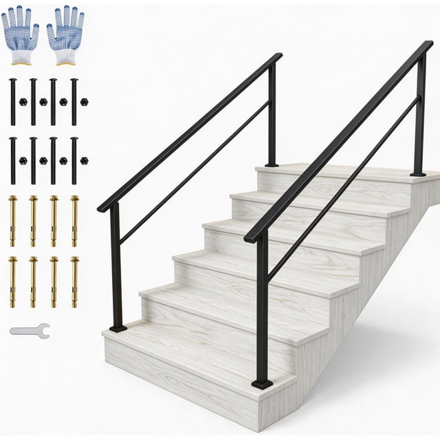 Stair Handrail Kit Black Aluminum 2-Pack - 6-Step Weatherproof Railing with Iron Posts, Rust-Proof for Indoor/Outdoor Porch, Deck & Steps (Includes Safety Gloves)