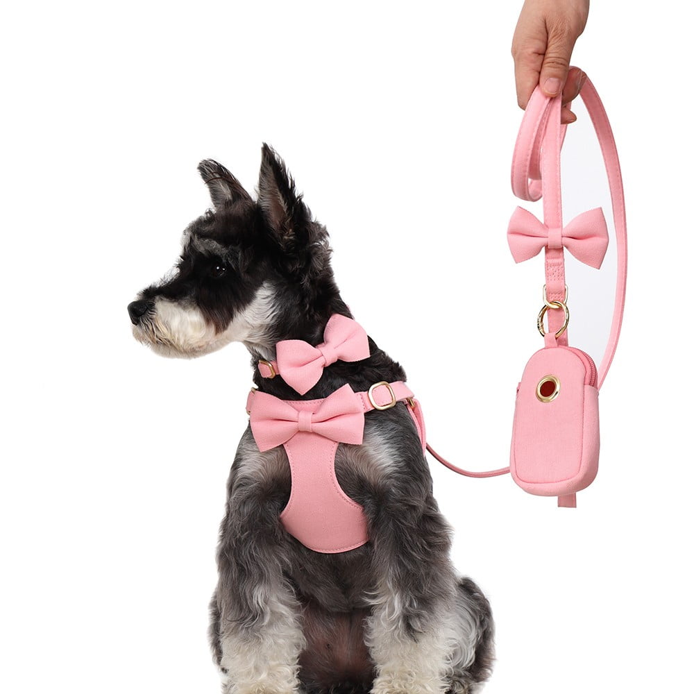 Pet Artist 4pcs Cute Bowtie Dog Harness and Collar and Leash and Poo Bag Holder Adjustable Pet Puppy Cat Vest