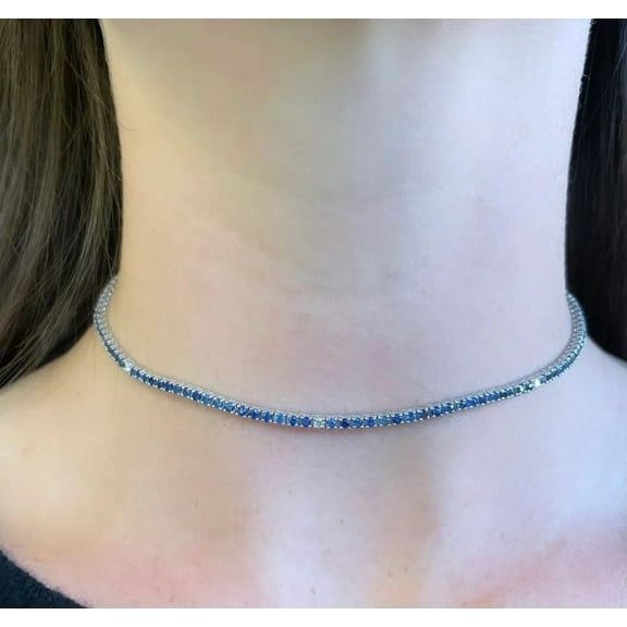 925 Silver Lab Blue Sapphire With CZ Tennis Necklace,Lab Blue Sapphire Stone Initial Necklace,Gold Tennis Necklace,Valantine Necklace Gift