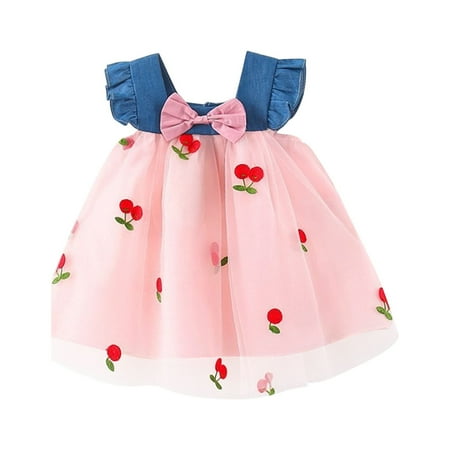 

Lovskoo Tulle Baby Dress Toddler Girl Summer Ruffled Hem Embroidered Bow Tie Spliced Denim Sleeveless for 6 Months-3 Years Baby Clothes Pink