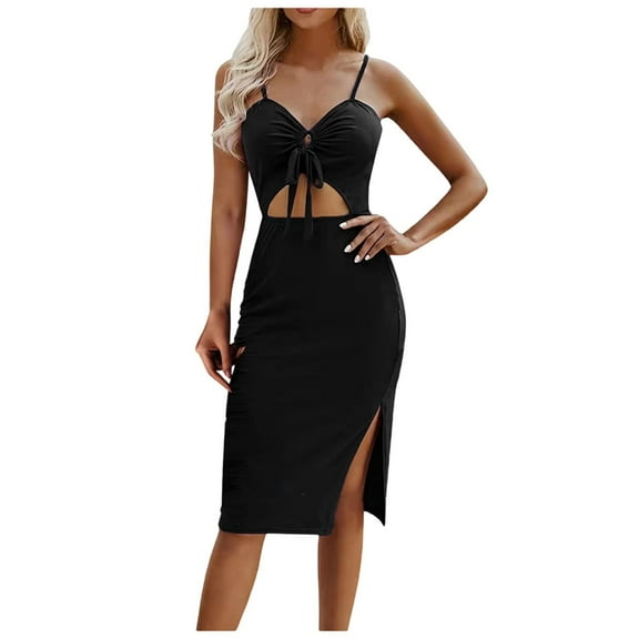 USSUMA Sundress for Women Beach Vacation Sexy Cut Out Tie Knot Slit Long Bodycon Midi Summer Dresses for Women Casual V-Neck Sleeveless Spaghetti Strap Cami Hollow Out Plus Size Party Sun Dresses