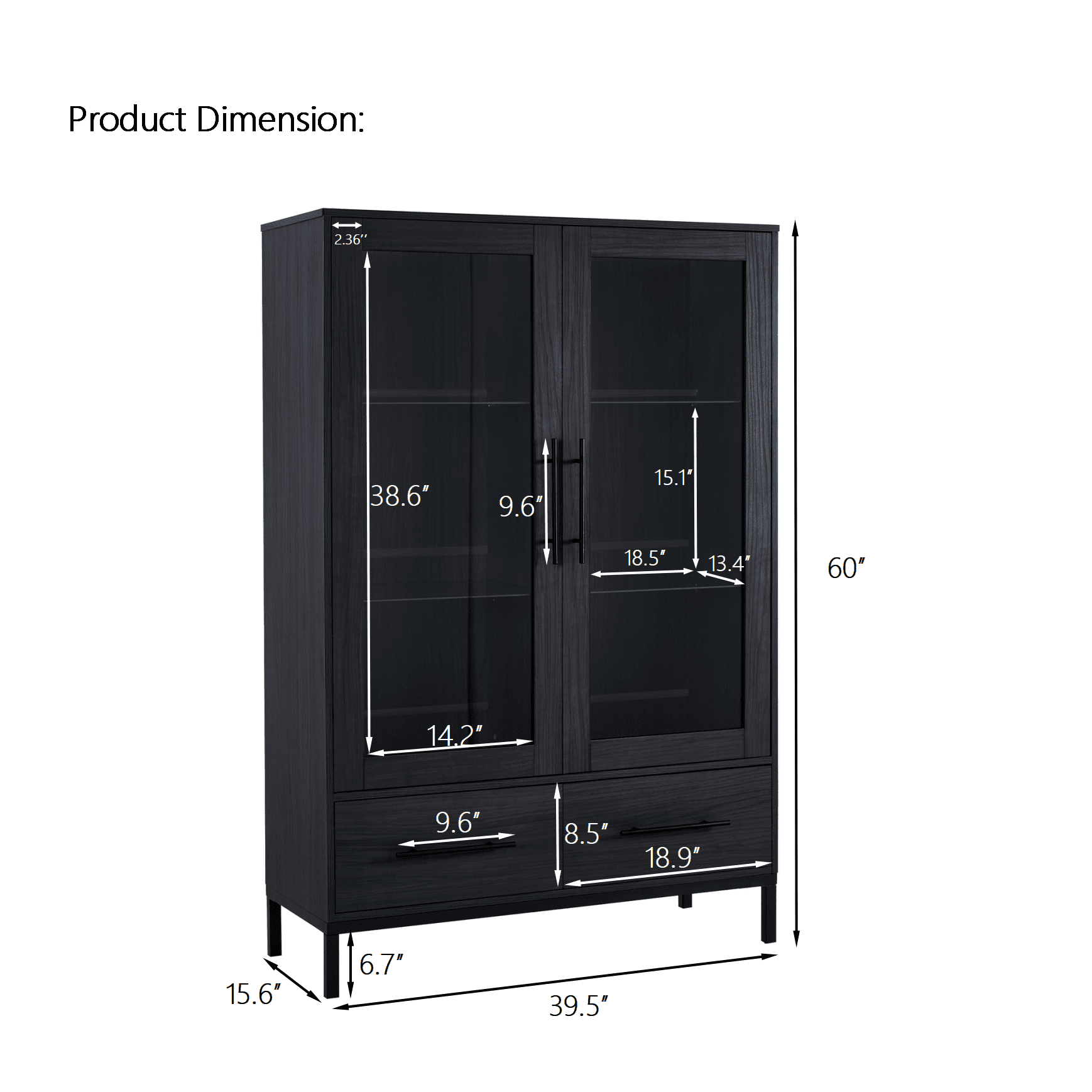 Euroco Modern LED Lighted Display Cabinet with Glass Shelves and Drawers,Storage Curio Cabinet with Adjustable Shelves and Metal Legs, Showcase