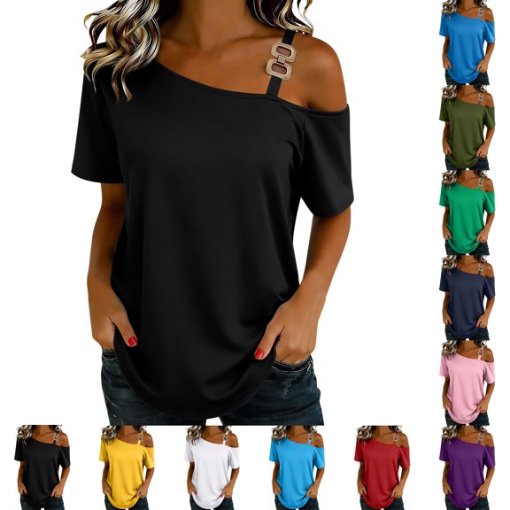SROBPTY Womens Shirts Fashion Solid Crew Neck Short Sleeve Lightweight Summer Tops for Casual Wear