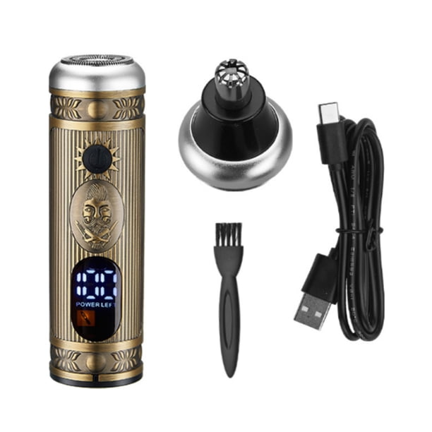Cortador de vello nasal y rasurador facial recargable USB, pantalla LCD, cuerpo metálico, diseño ergonómico, bronce, 5W, batería de litio 400mAh, 120 minutos de uso, cable USB incluido, ideal para un