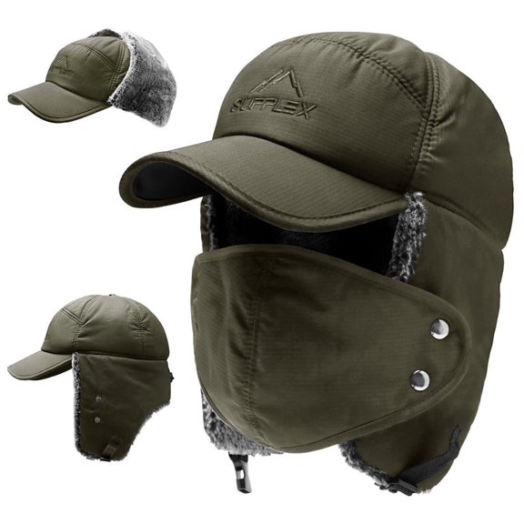 Winter Trapper Hat, IC ICLOVER Unisex Ushanka Hunting Hat Russian Trooper Ear Flap Chin Strap Hat with Windproof Mask-Keep Warm in Cold Weather-Dark Green