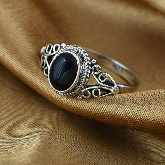 Black Onyx Solitaire Ring Solid 925 Sterling Silver Birthstone Gemstone Jewelry Valentines Day Gift Rings for Women