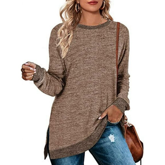 Womens Crewneck Pullovers Crewneck Long Sleeve Loose Fit Tops Color Block Ribbed Side Split Tunic Tops Casual Blouses Loose Fit Sweaters