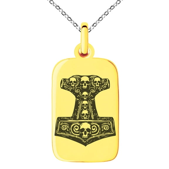Stainless Steel Mjolnir Thor's Black Skull Hammer Engraved Small Rectangle Dog Tag Charm Pendant Necklace