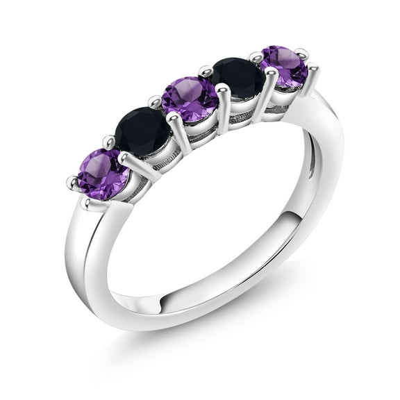 Gem Stone King 925 Sterling Silver Purple Amethyst and Black Onyx 5-Stone Wedding Anniversary Band Ring for Women (0.74 Cttw, Gemstone February Birthstone, Size 7)