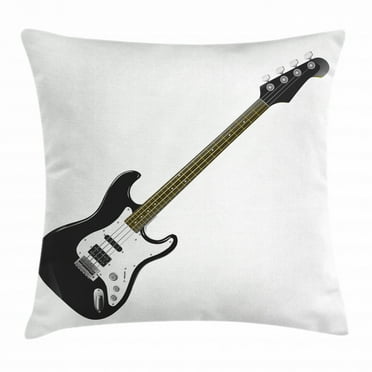 Guitar Throw Pillow Cushion Cover, Bass Four String Rhythm Music Rock and Roll Element Detailed Illustration, Decorative Square Accent Pillow Case, 18 X 18 Inches, Black White Caramel, by Ambesonne