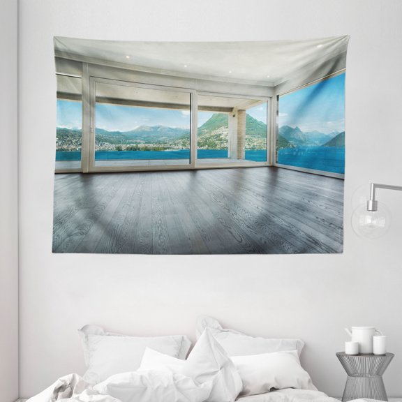 Landscape Tapestry, Empty Apartment Home with Seascape and Forest View Photo Image, Wall Hanging for Bedroom Living Room Dorm Decor, 80W X 60L Inches, Blue White and Forest Green, by Ambesonne