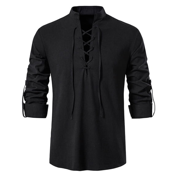 SSKDBFJG Men's Retro Style Drawstring Tie Long Sleeve Shirt, Casual Men's Tops Standing Collar Shirt (Black)L