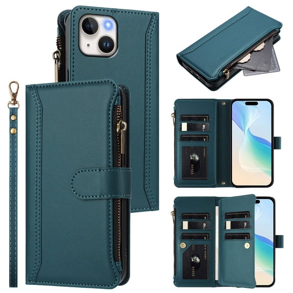 PU Leather Magnetic Snap Flip Zipper Strap Wallet Phone Case Fit for iPhone 15(6.1in)
