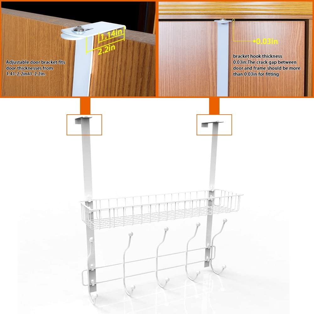 Over-The-Door Hook Shelf Organizer 5 Hooks With Basket Storage Rack, White