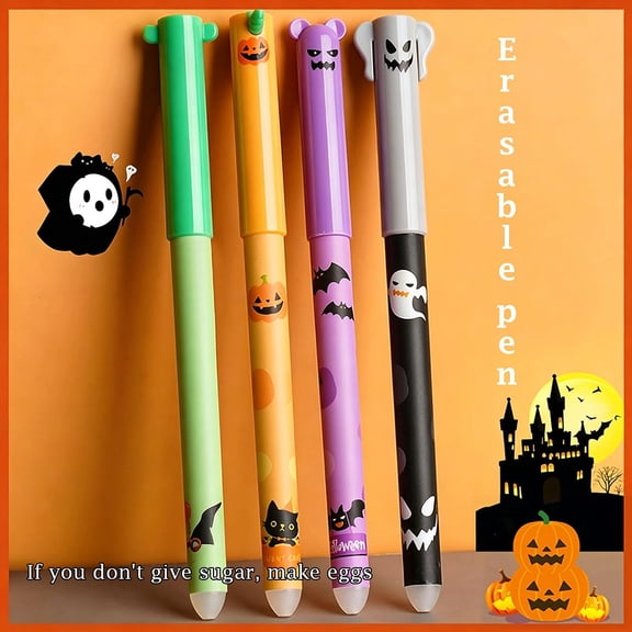 Halloween Pens, Pack of Pens, Black Erasable Pens, Gel Erasable Pens, Pens for Student, 4 Pack 6 Inch Halloween Limited Easy-Friction Black Neutral Pen Set, Printed with Fun
