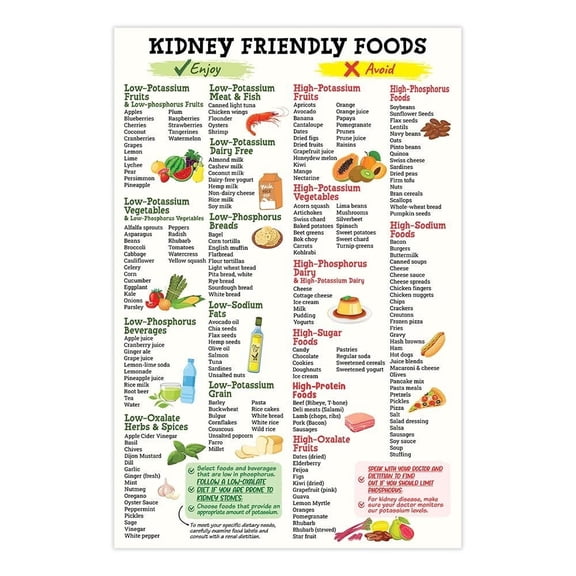 Kidney Friendly Food List Poster , Renal Diet, Low Potassium, Sodium, Health Foods Chart Grocery List For Kitchen Decor Poster Unframed 12x18inch(30x45cm)