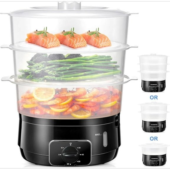 Electric Food Steamer for Cooking, Vegetable Steamer with 3 Tiers BPA-Free Baskets, 800W Fast Simultaneous Cooking, 60-Minute Timer, Ideal for Veggies Seafood Rice