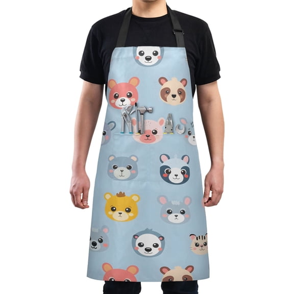 Cartoon Happy Animal Face Kitchen Apron with 2 Pockets Adjustable waterproof Cooking Aprons for Women Men Chef