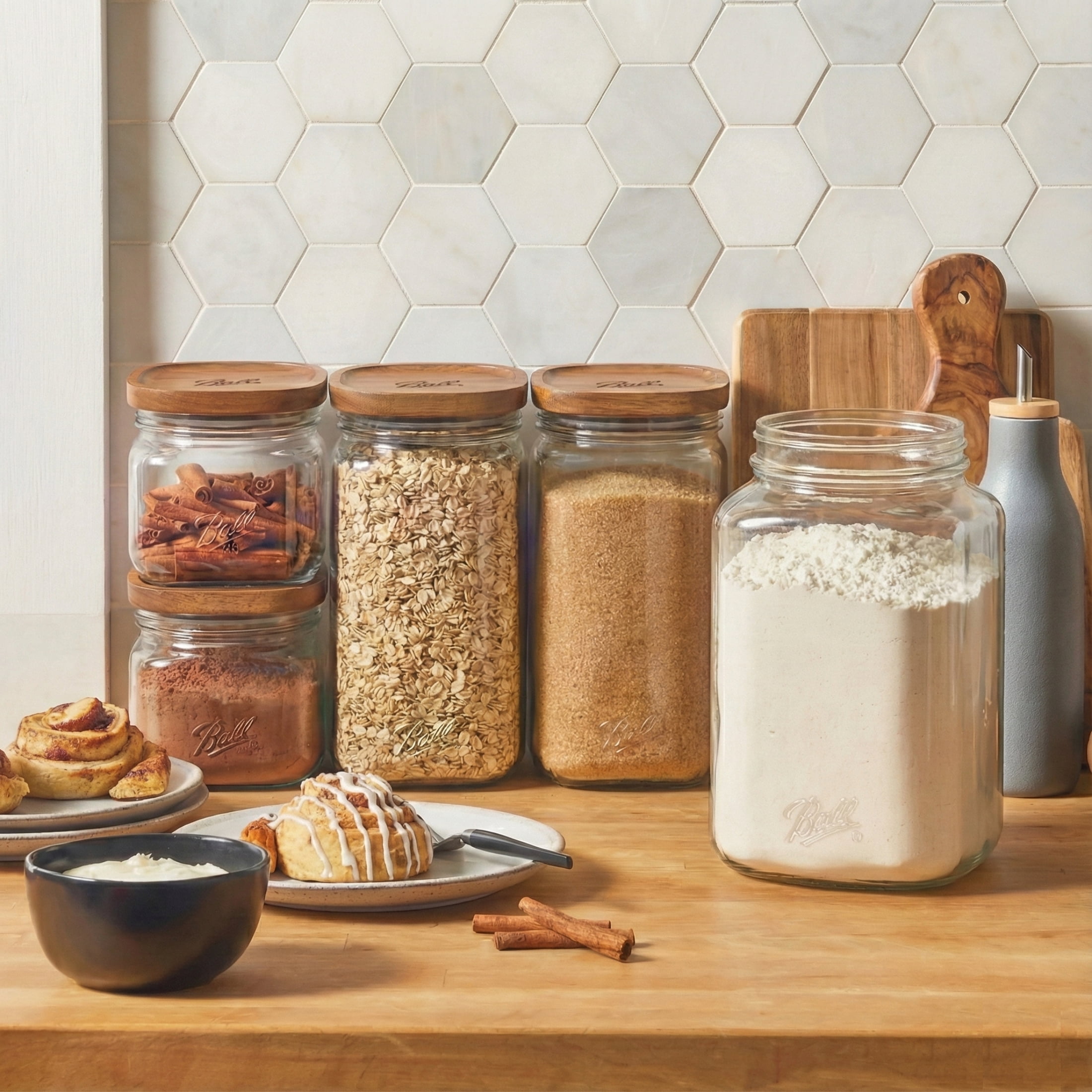 (3 pack) Ball 15.6 Cup Stack & Store Glass Jar with Acacia Wood Lid – Airtight Wide Mouth Glass Storage Container for Pantry, Kitchen, and Countertop Organization